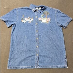 Bobbie Brooks VTG Embroidered Floral Tea Party Denim Shirt Plus Size 14W/16W